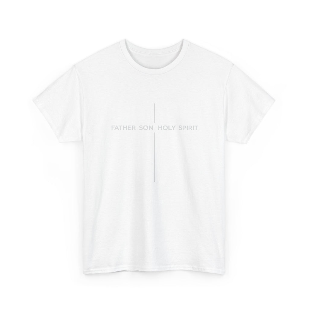 Minimalist White Tee — Subtle Cross "Father Son Holy Spirit" Christian T‑Shirt
