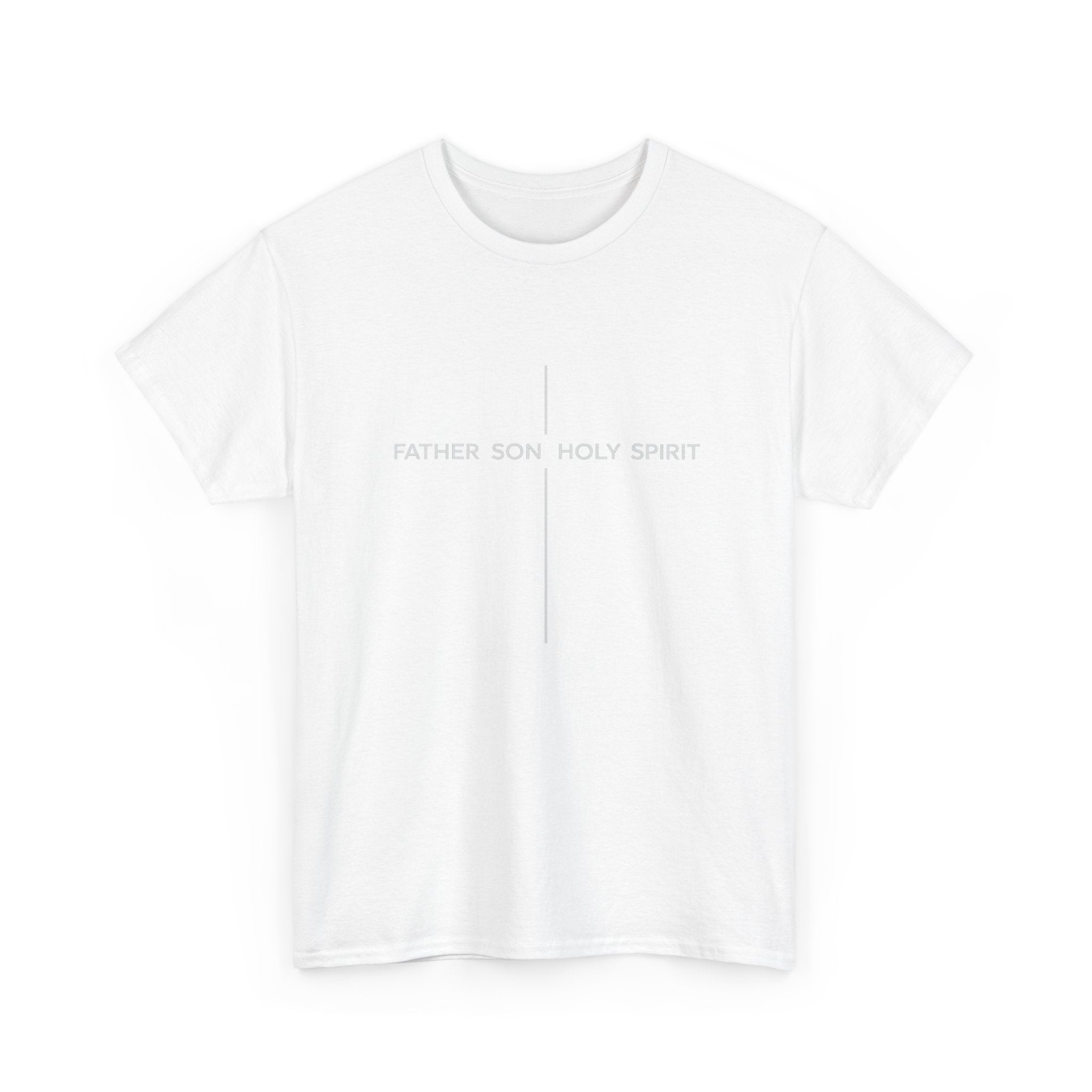 Minimalist White Tee — Subtle Cross "Father Son Holy Spirit" Christian T‑Shirt