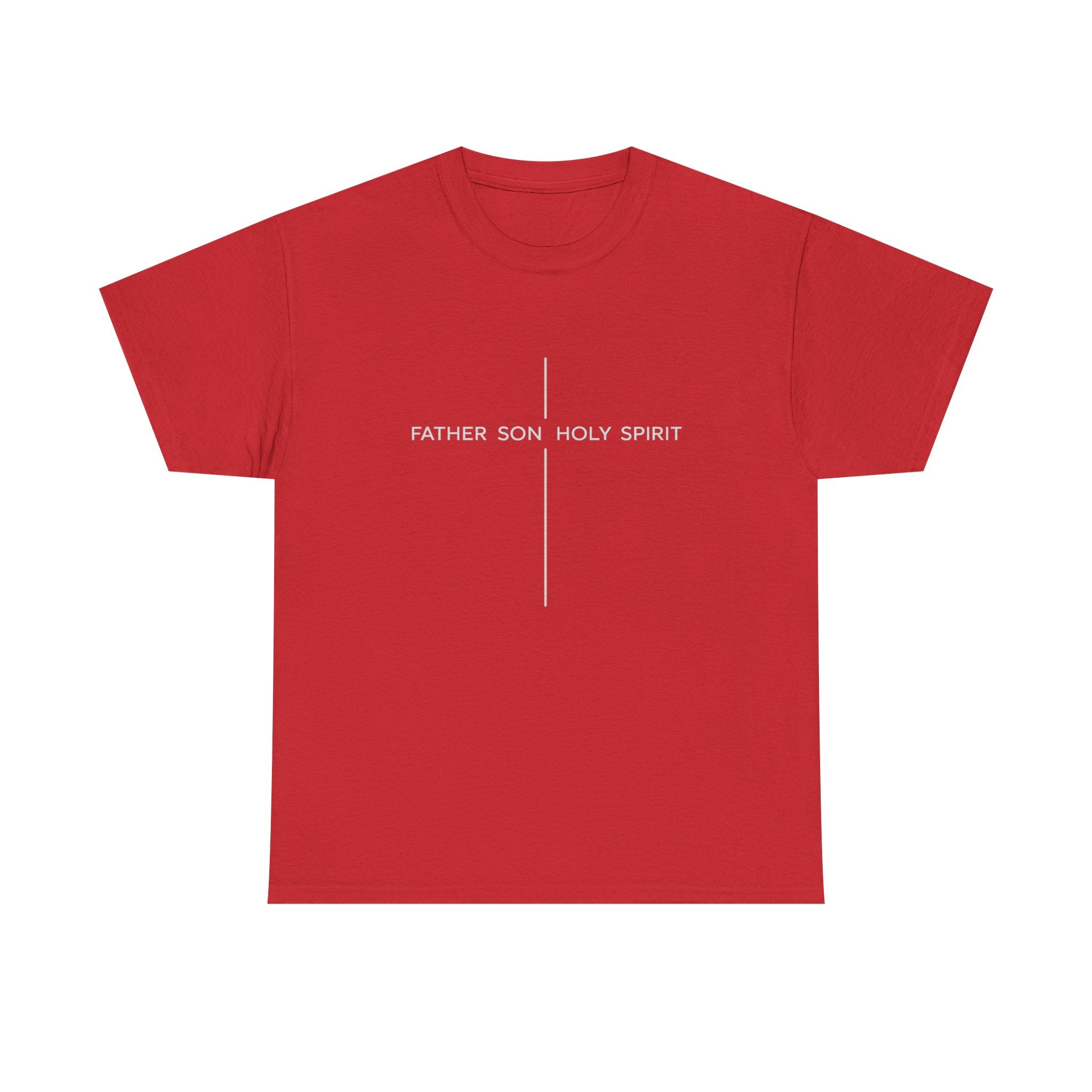 Minimalist White Tee — Subtle Cross "Father Son Holy Spirit" Christian T‑Shirt