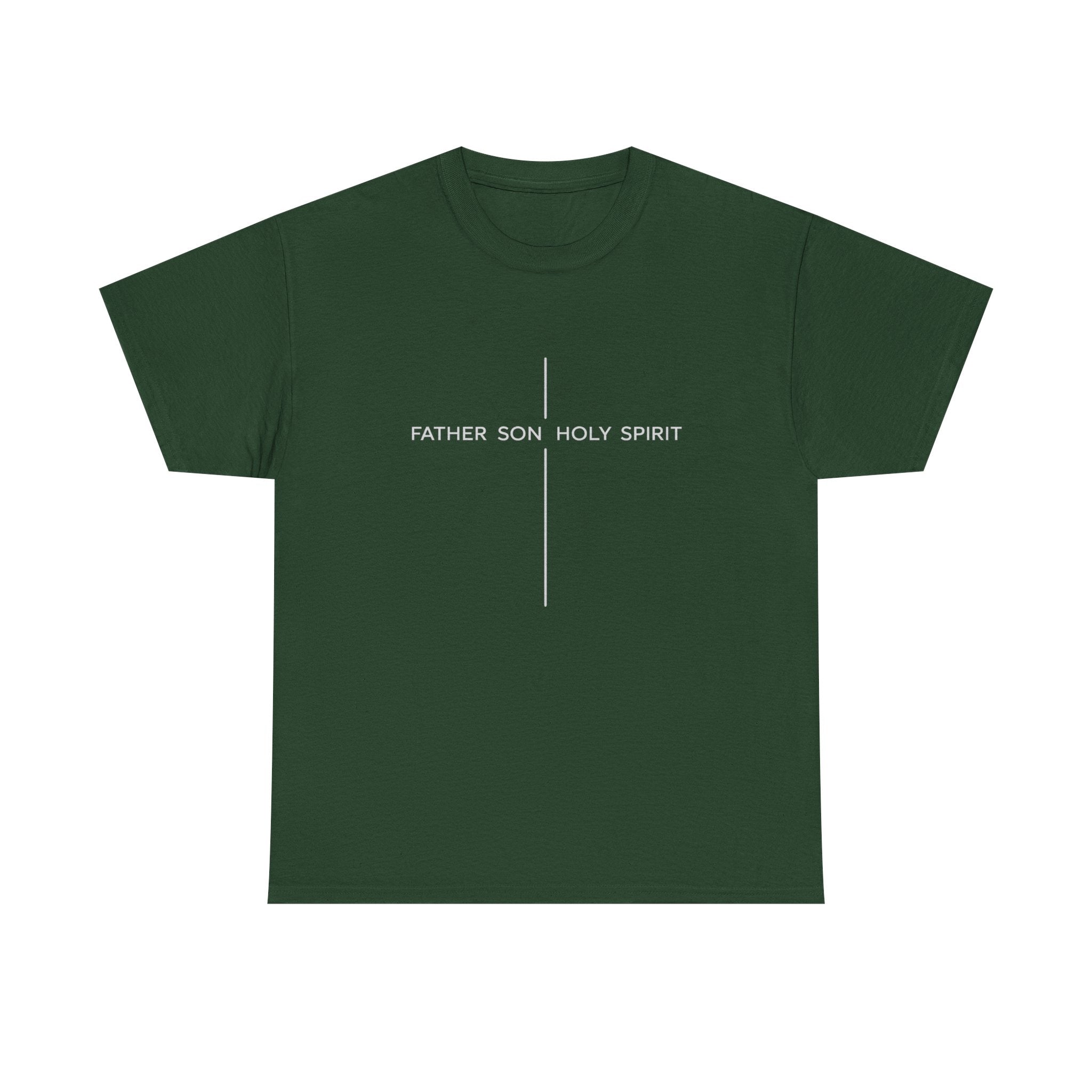 Minimalist White Tee — Subtle Cross "Father Son Holy Spirit" Christian T‑Shirt