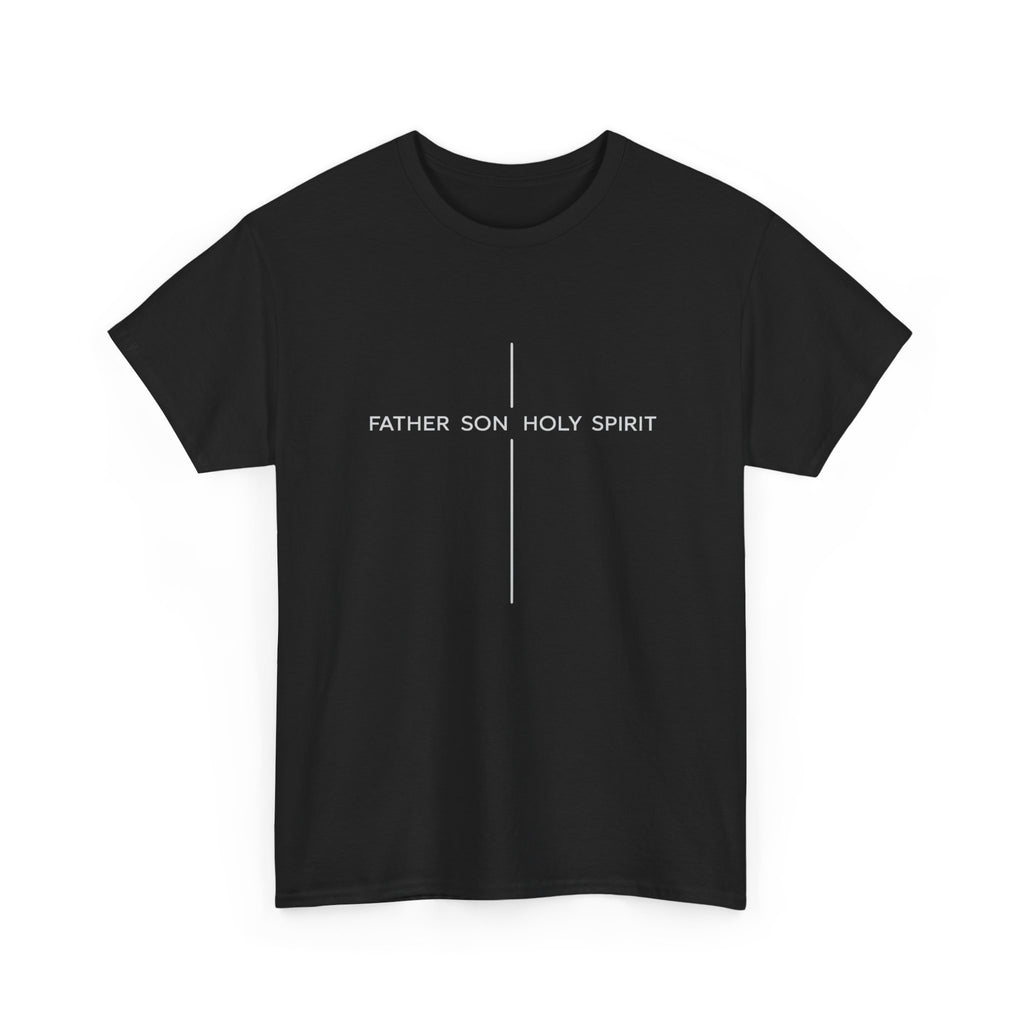 Minimalist White Tee — Subtle Cross "Father Son Holy Spirit" Christian T‑Shirt