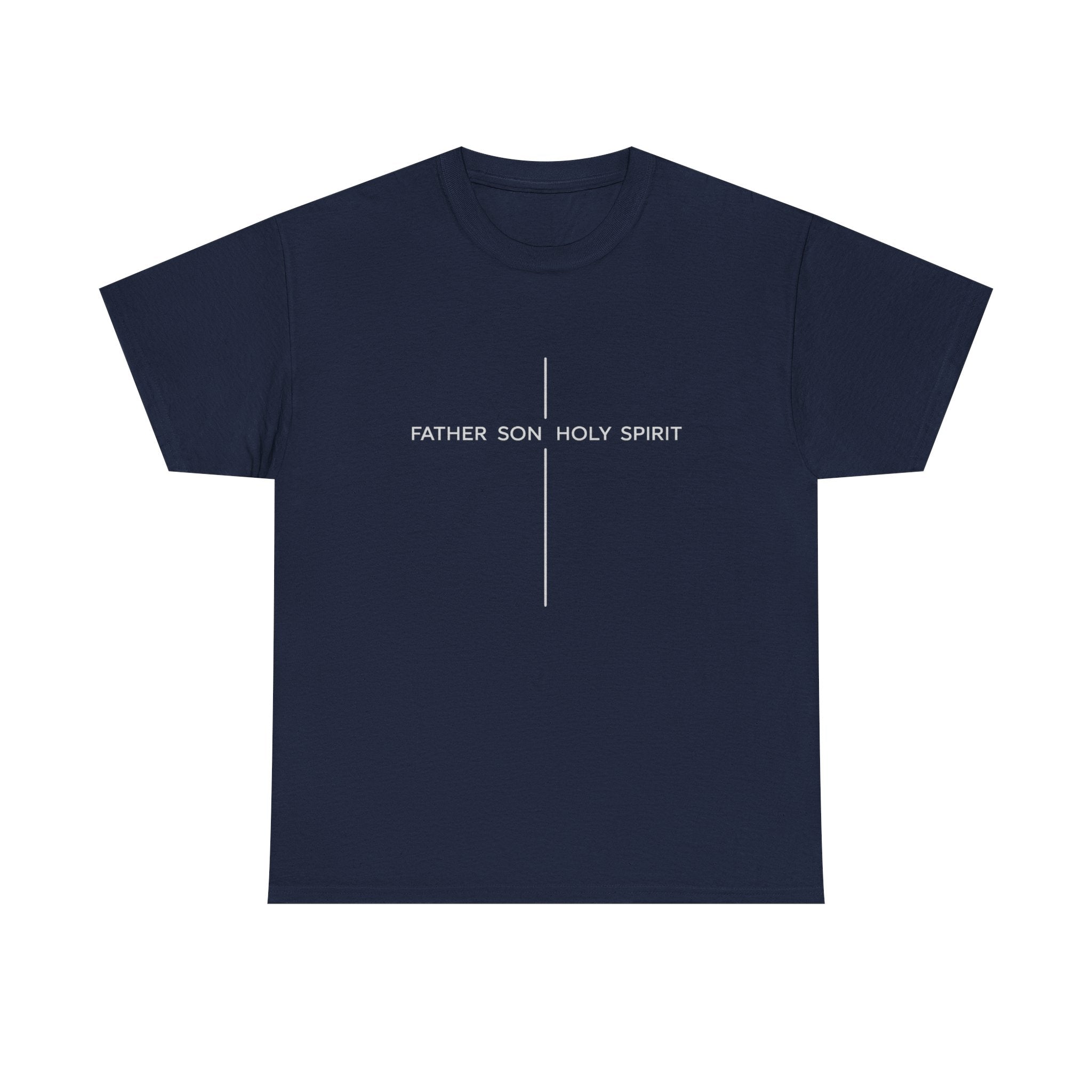 Minimalist White Tee — Subtle Cross "Father Son Holy Spirit" Christian T‑Shirt