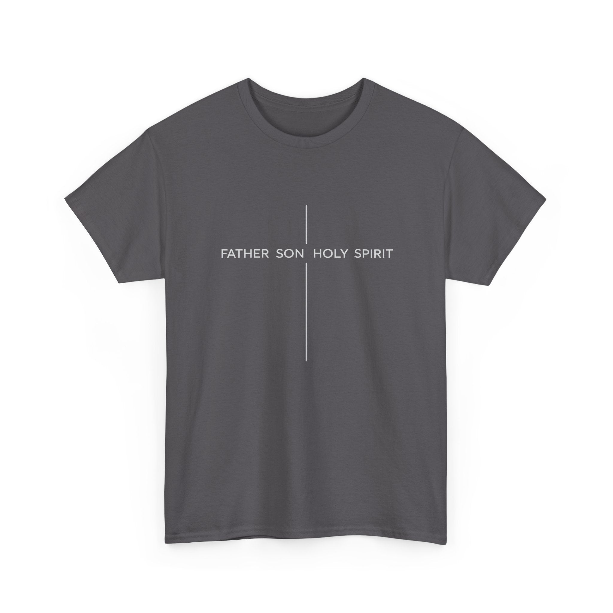 Minimalist White Tee — Subtle Cross "Father Son Holy Spirit" Christian T‑Shirt