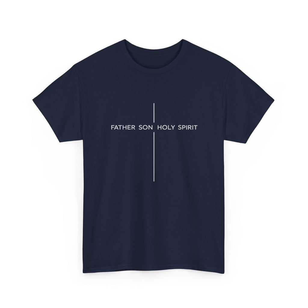 Minimalist White Tee — Subtle Cross "Father Son Holy Spirit" Christian T‑Shirt