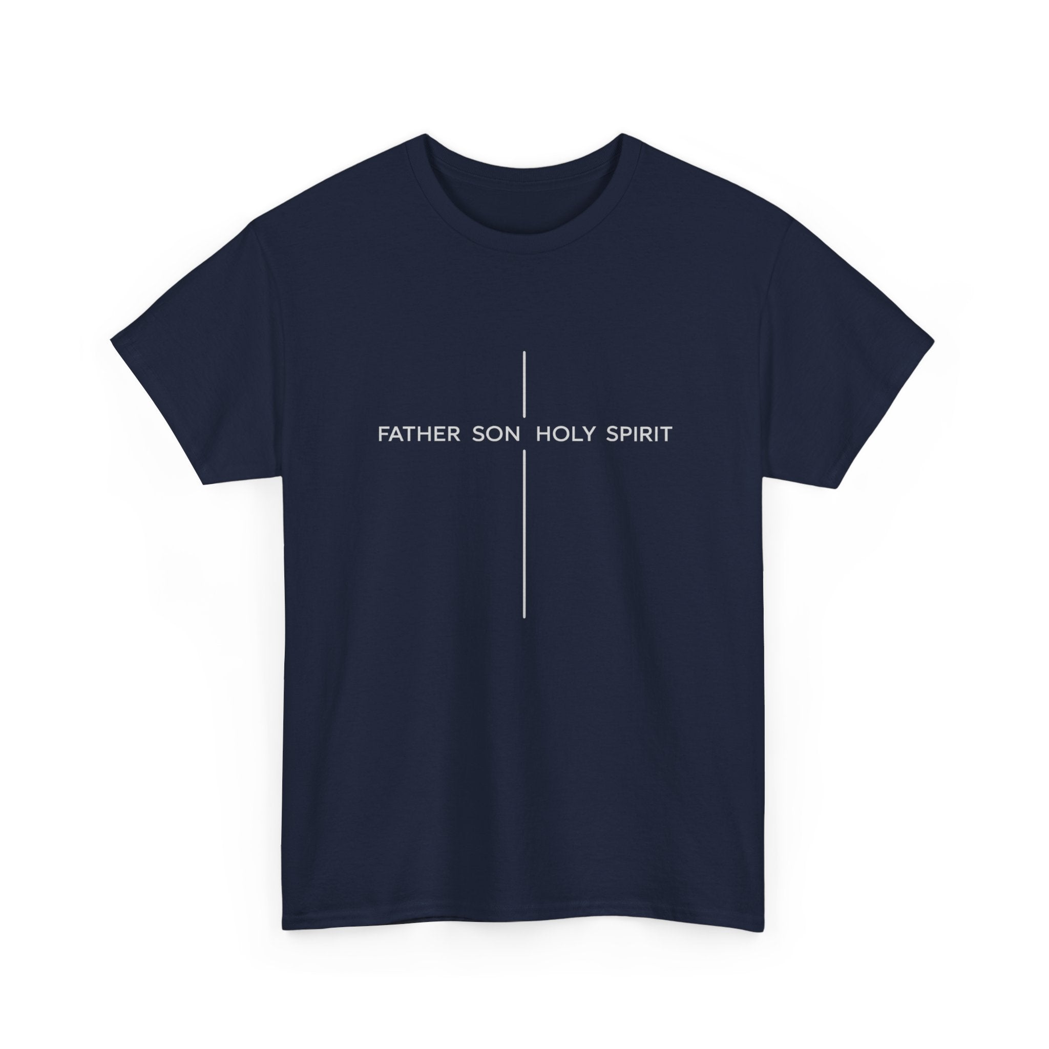 Minimalist White Tee — Subtle Cross "Father Son Holy Spirit" Christian T‑Shirt