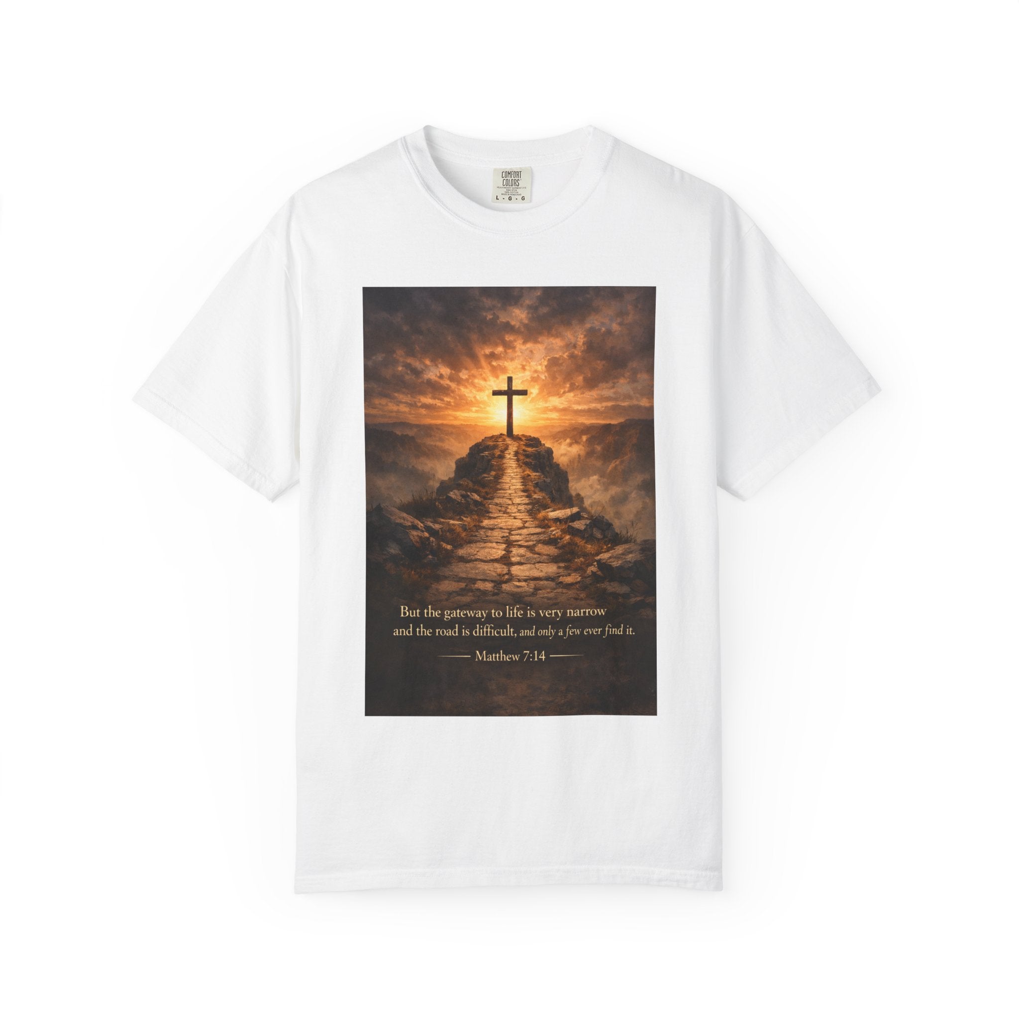 Cross on Sunrise Path T-shirt | Matthew 7:14 Scripture Design
