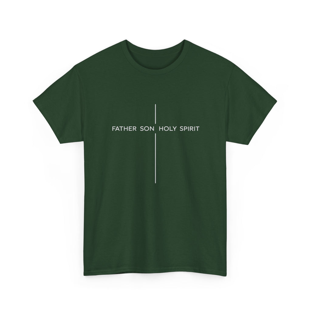 Minimalist White Tee — Subtle Cross "Father Son Holy Spirit" Christian T‑Shirt