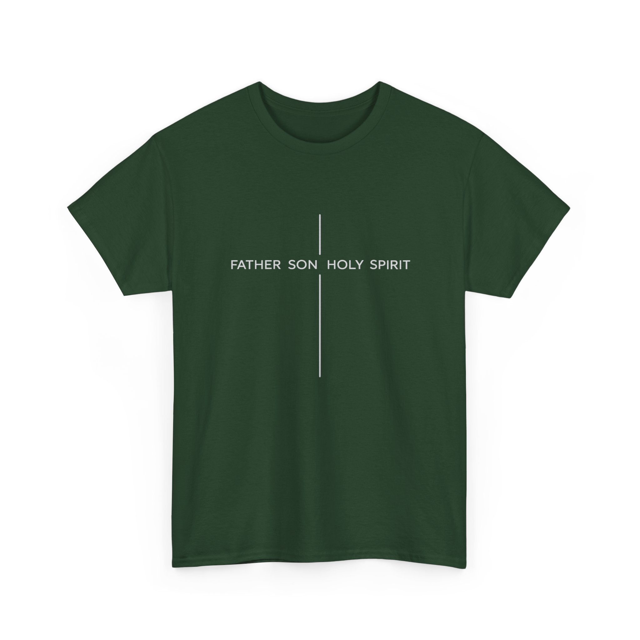 Minimalist White Tee — Subtle Cross "Father Son Holy Spirit" Christian T‑Shirt