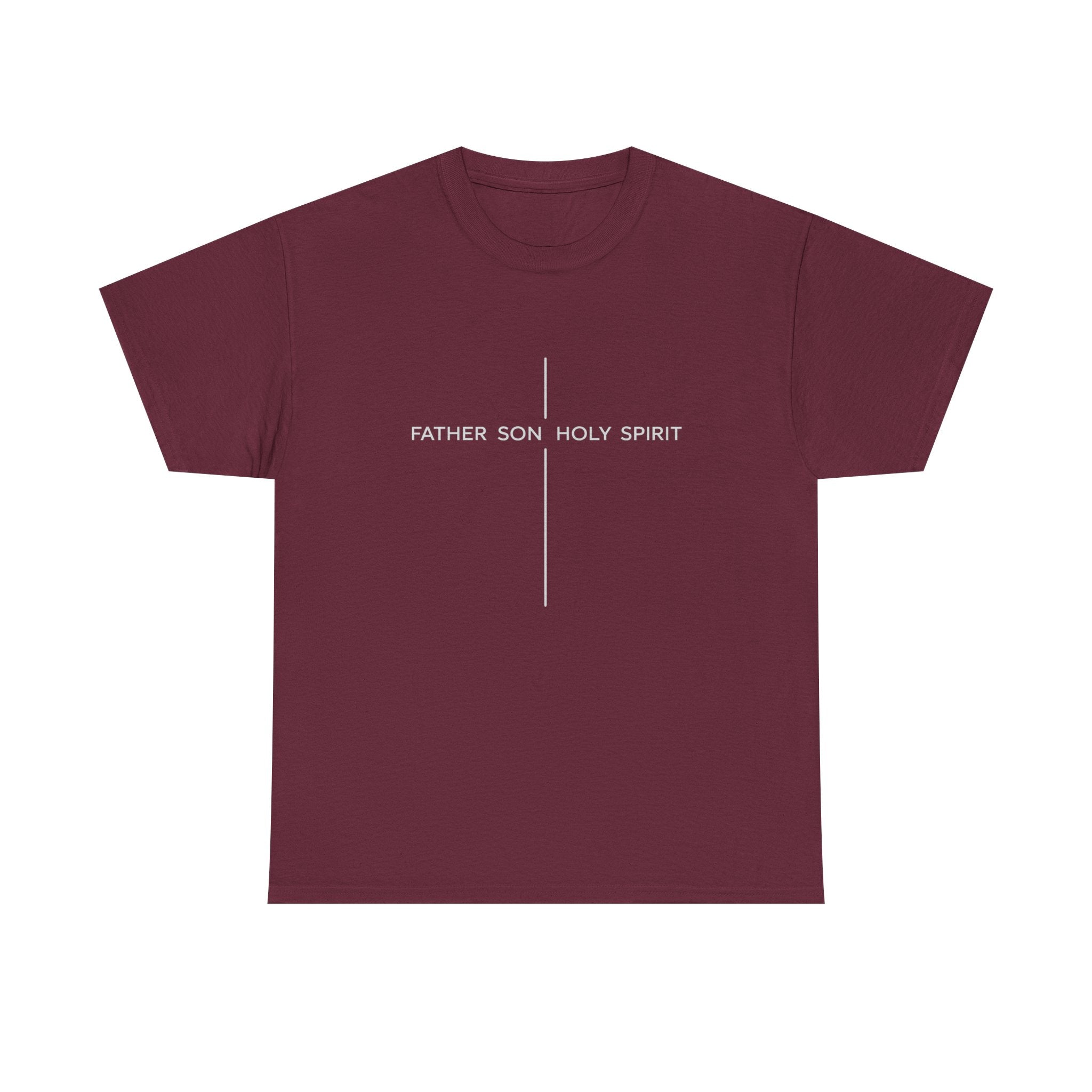 Minimalist White Tee — Subtle Cross "Father Son Holy Spirit" Christian T‑Shirt