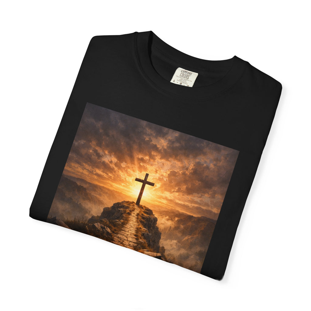 Cross on Sunrise Path T-shirt | Matthew 7:14 Scripture Design