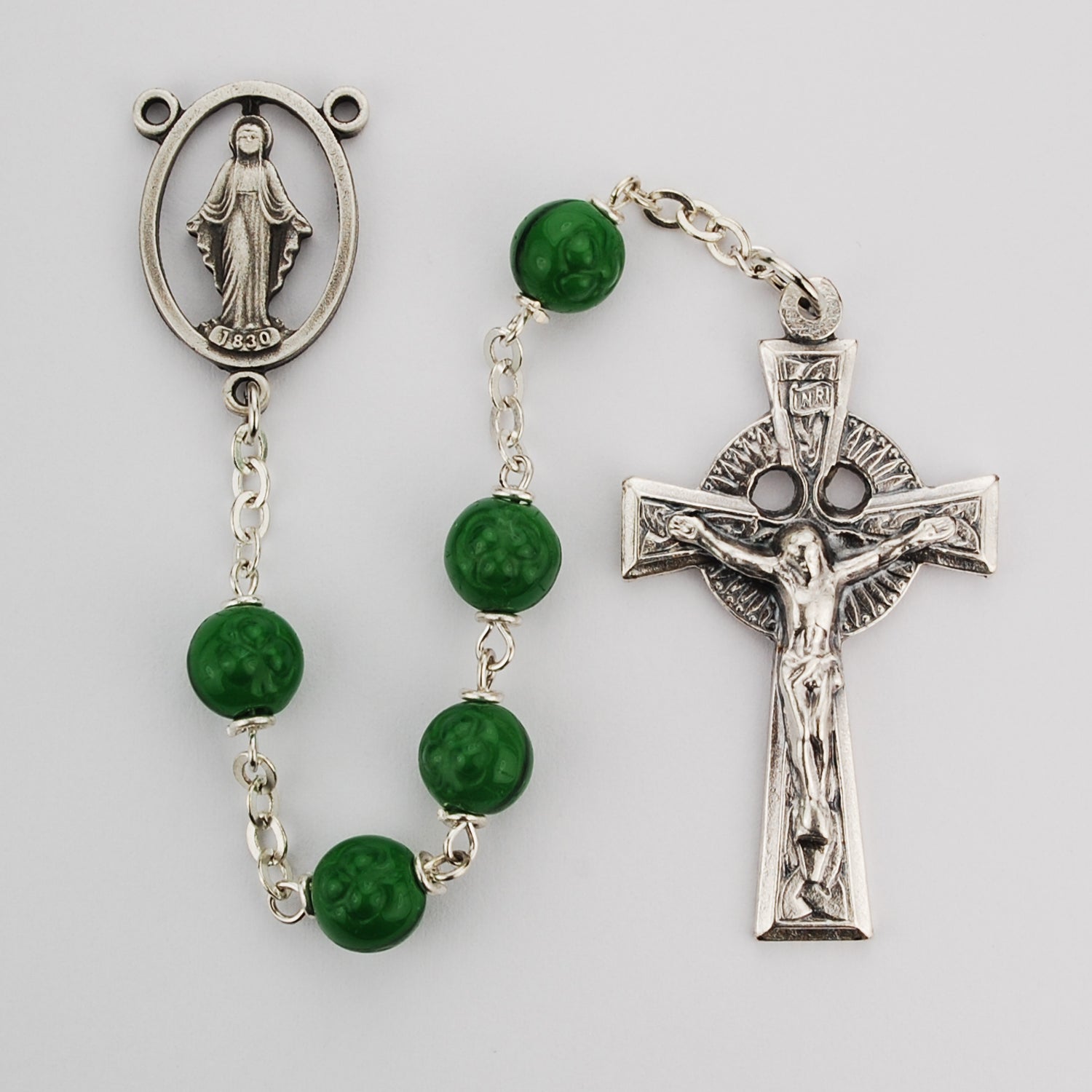 Green Glass Shamrock Rosary Boxed