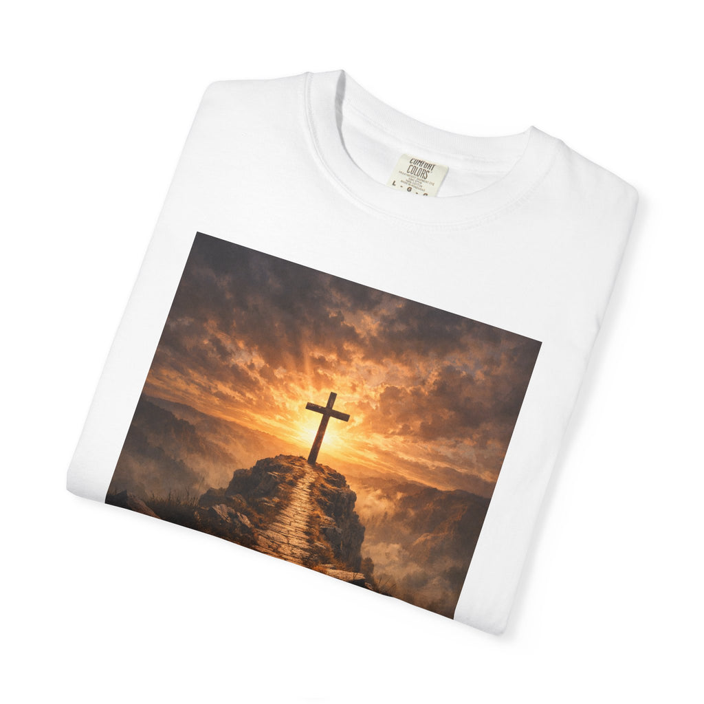 Cross on Sunrise Path T-shirt | Matthew 7:14 Scripture Design