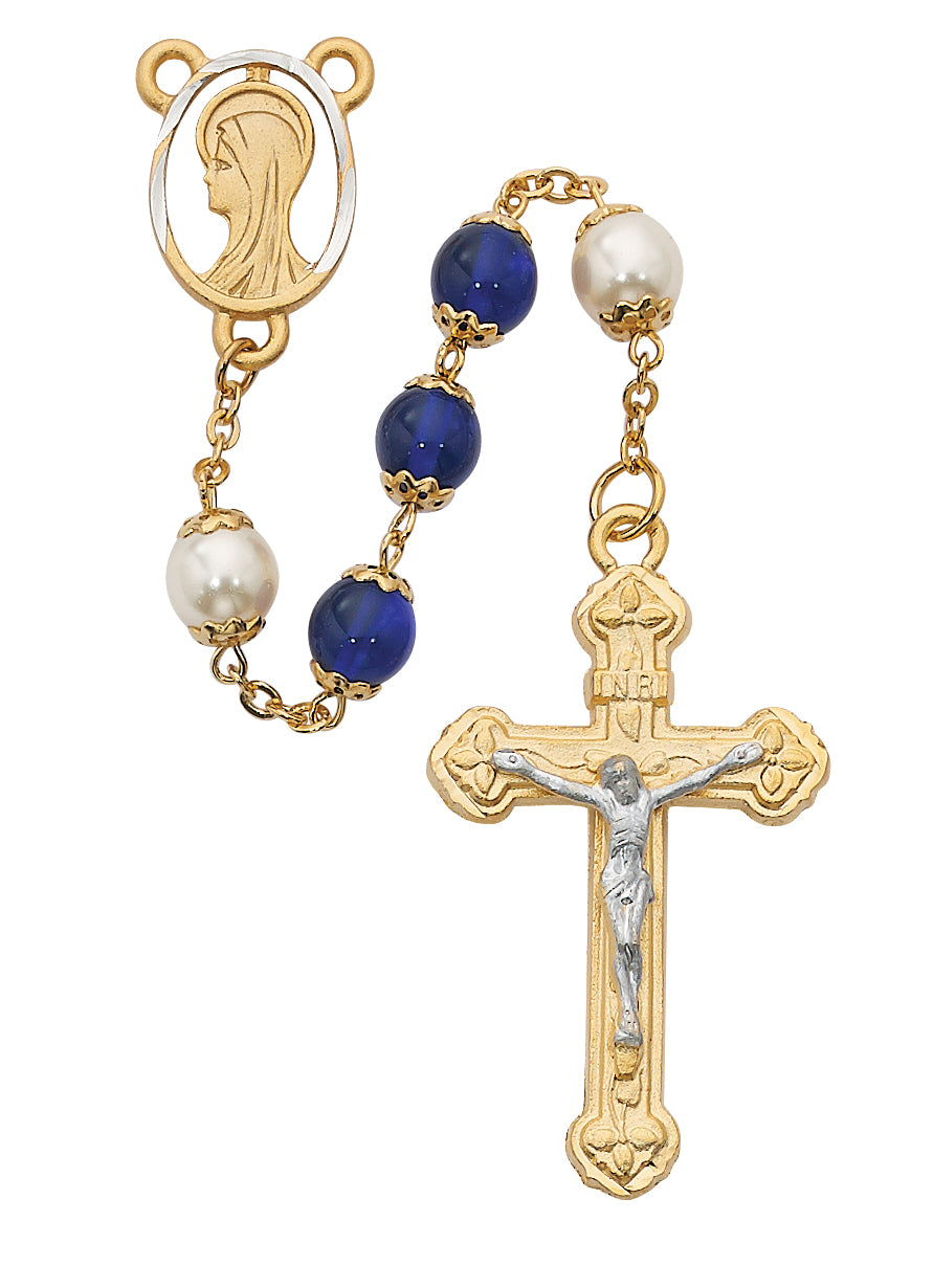 Blue and Pearl like  Glass Rosary Boxed