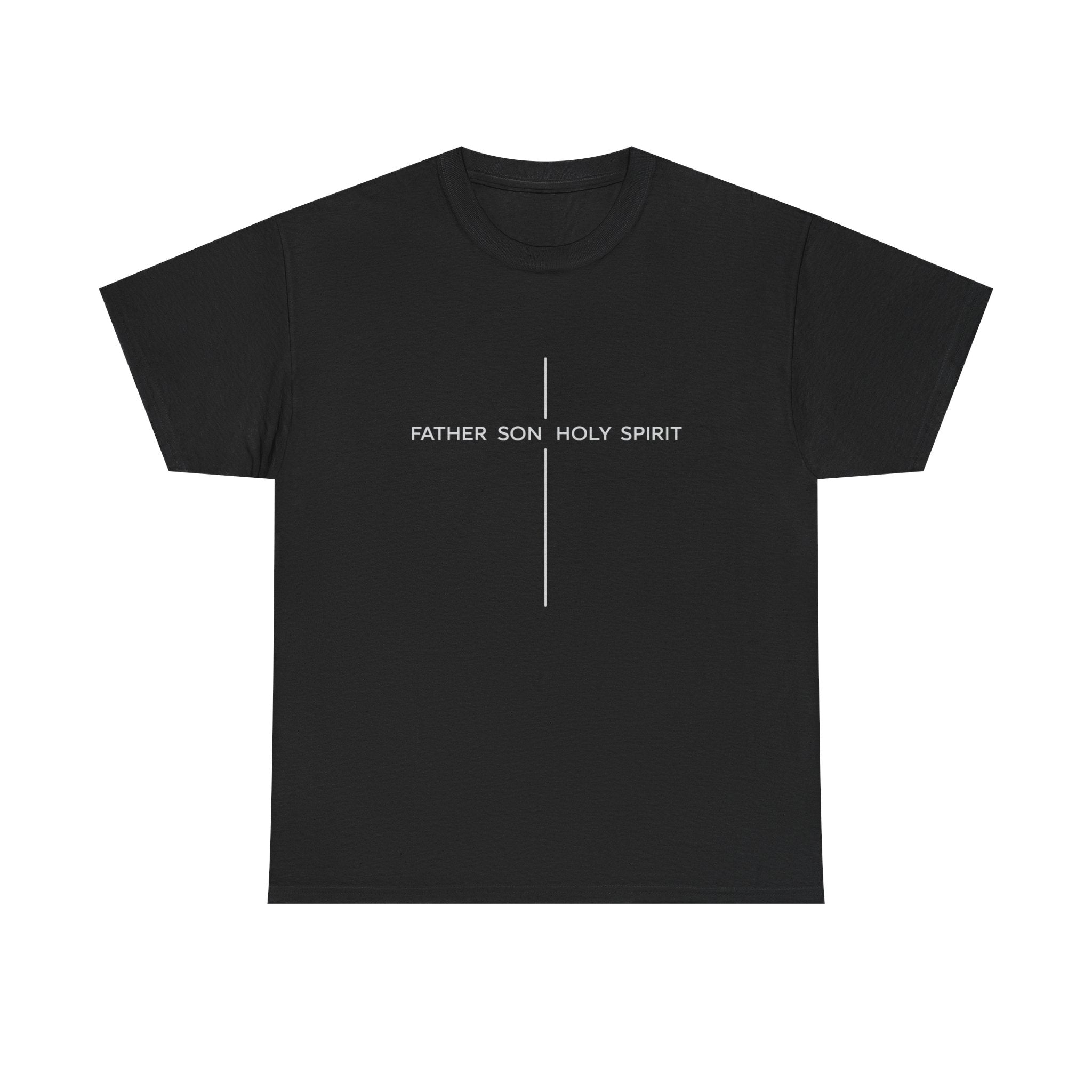 Minimalist White Tee — Subtle Cross "Father Son Holy Spirit" Christian T‑Shirt
