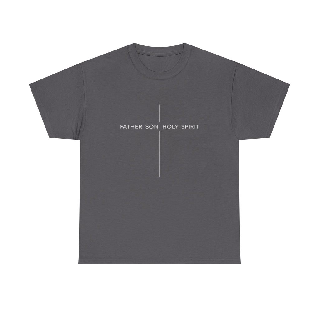 Minimalist White Tee — Subtle Cross "Father Son Holy Spirit" Christian T‑Shirt