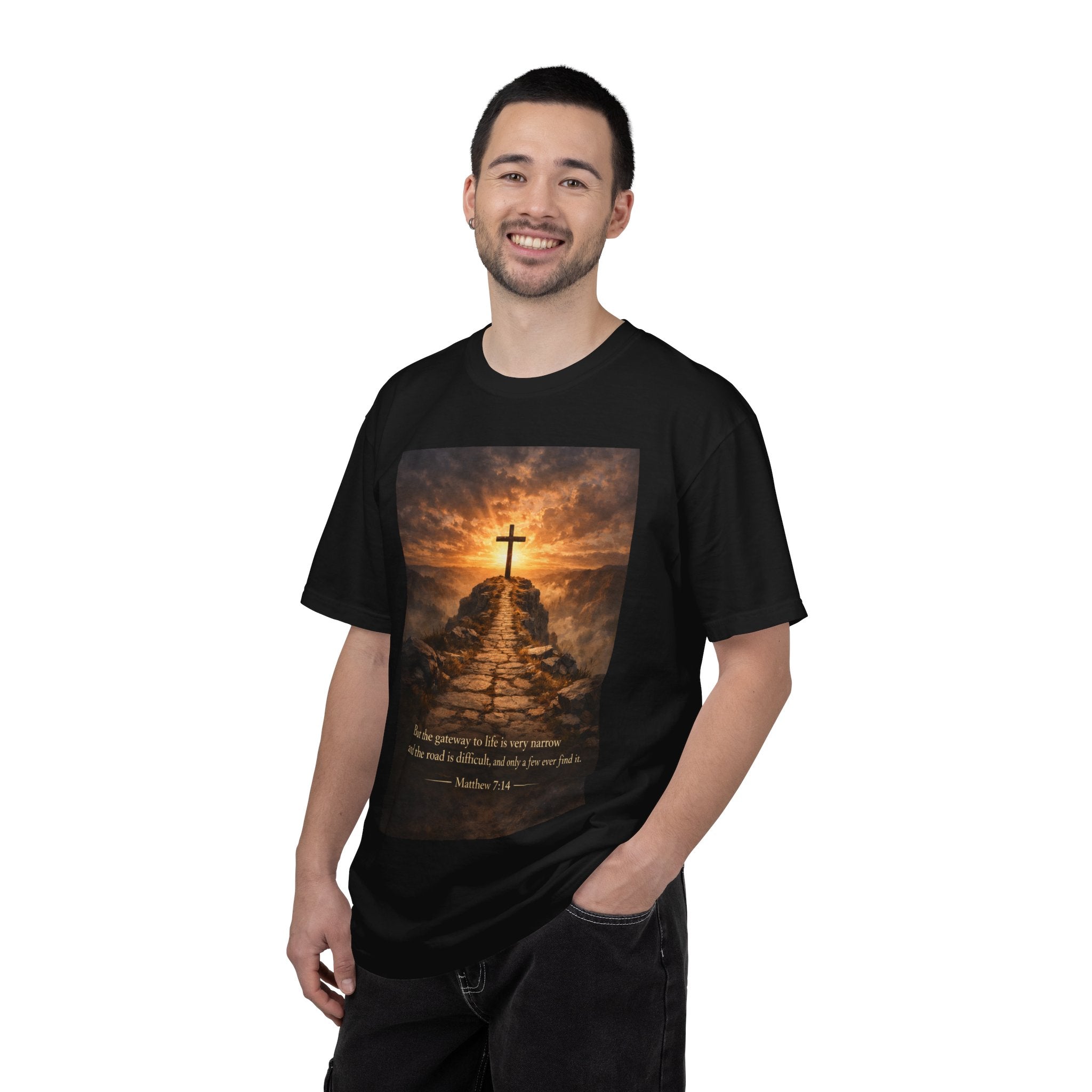 Cross on Sunrise Path T-shirt | Matthew 7:14 Scripture Design