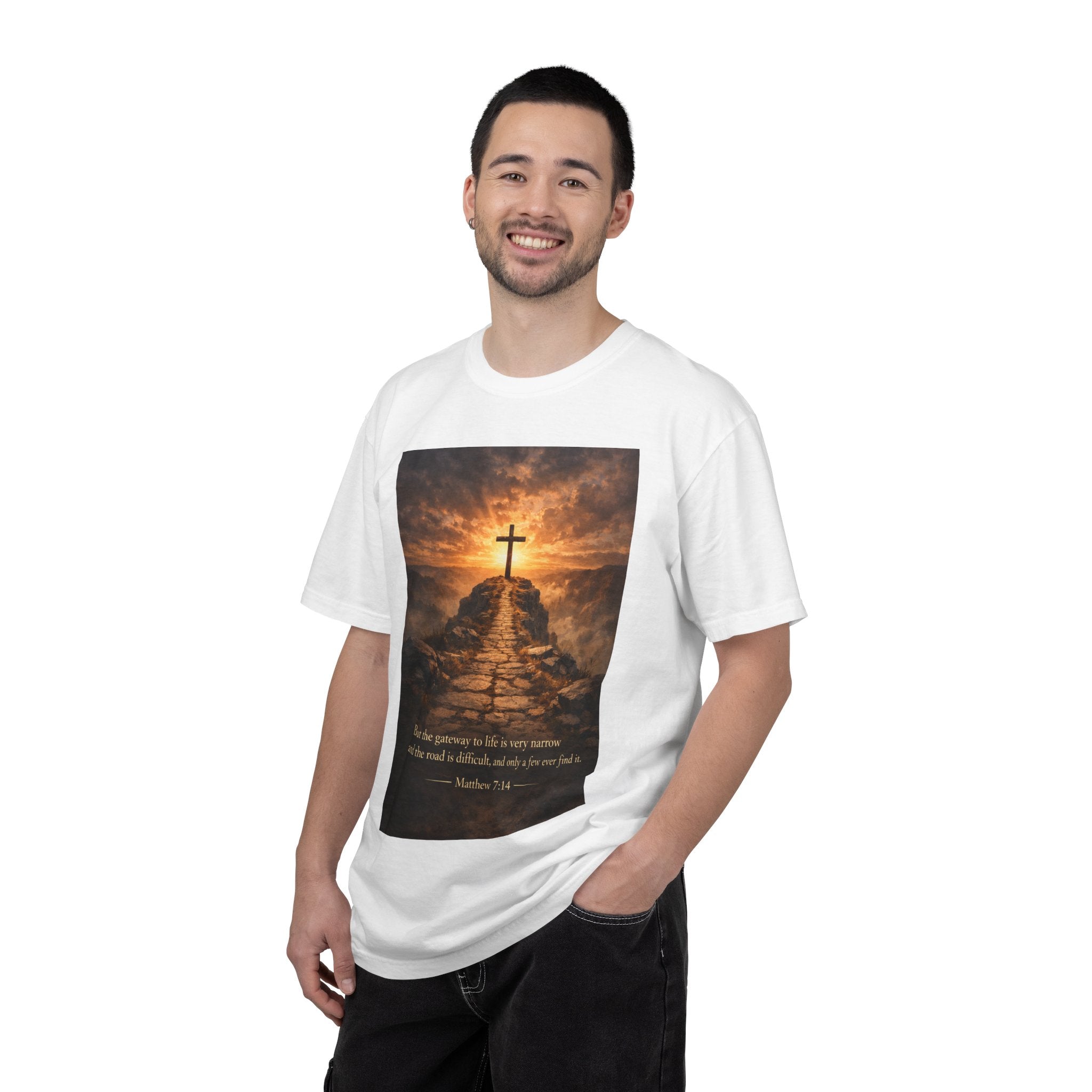 Cross on Sunrise Path T-shirt | Matthew 7:14 Scripture Design