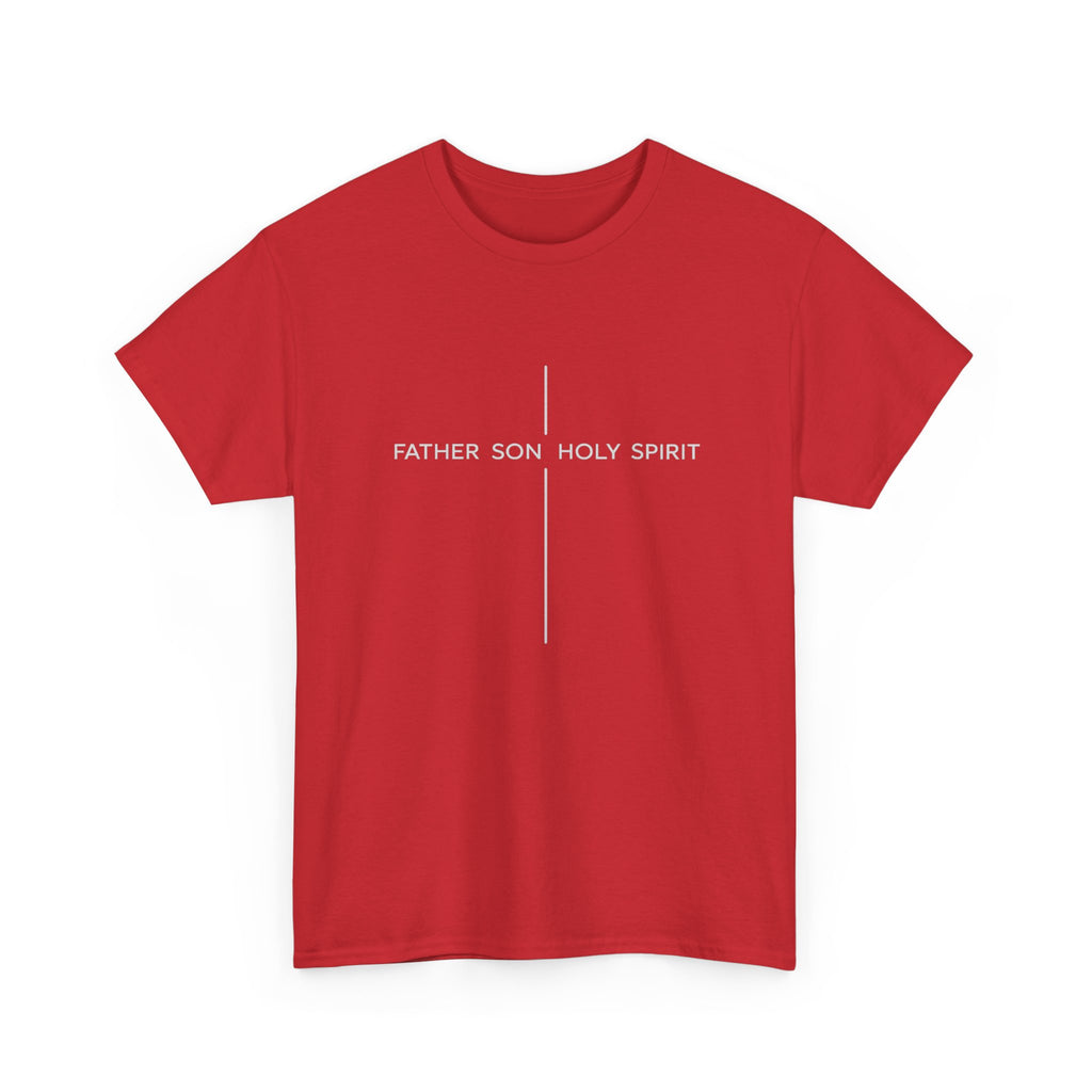 Minimalist White Tee — Subtle Cross "Father Son Holy Spirit" Christian T‑Shirt