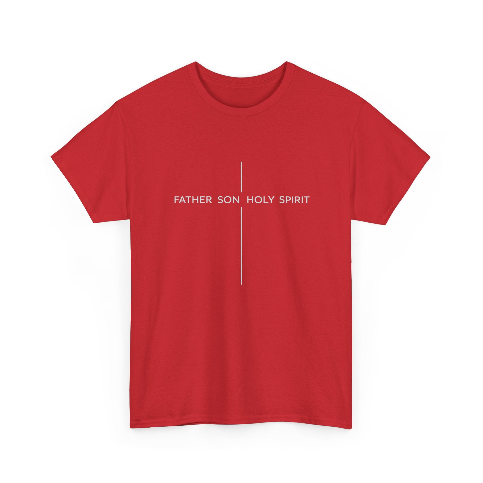 Minimalist White Tee — Subtle Cross "Father Son Holy Spirit" Christian T‑Shirt