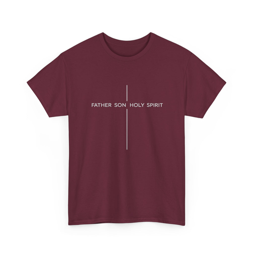 Minimalist White Tee — Subtle Cross "Father Son Holy Spirit" Christian T‑Shirt