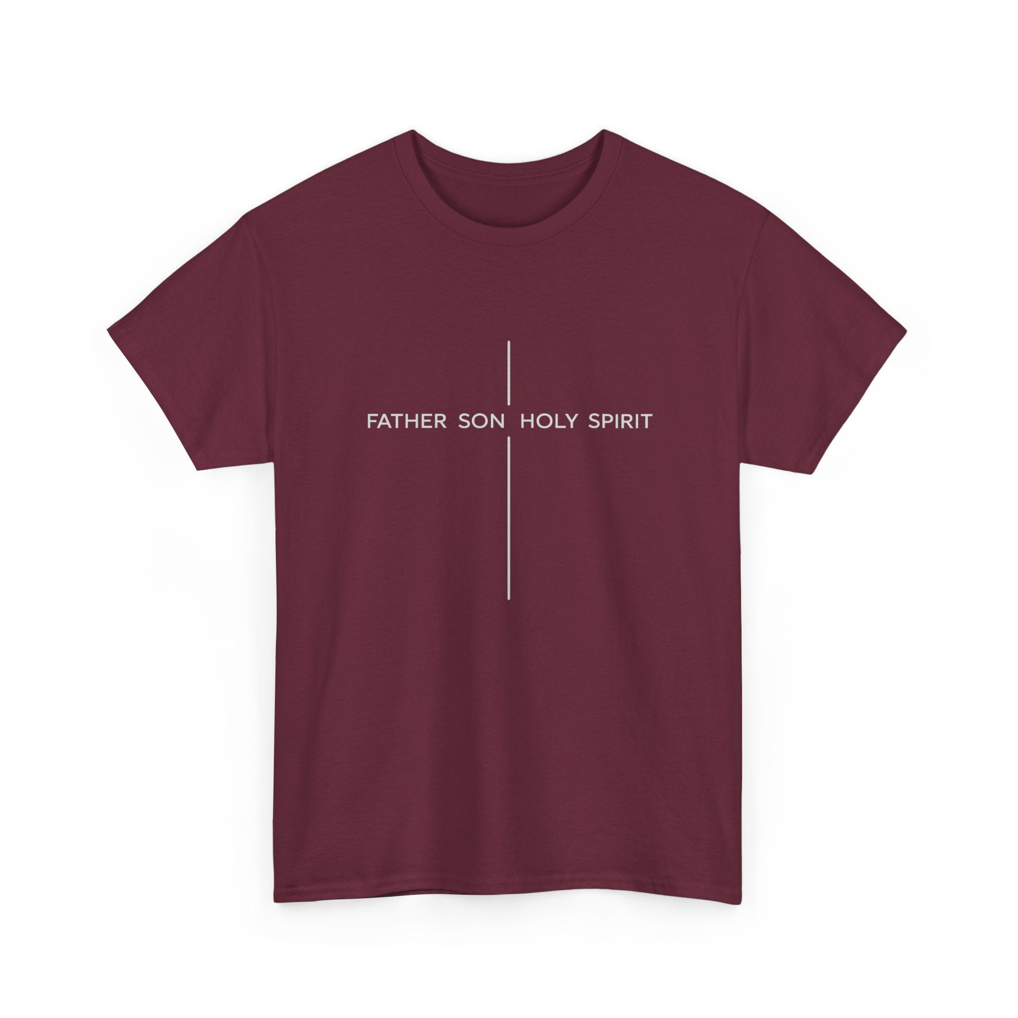 Minimalist White Tee — Subtle Cross "Father Son Holy Spirit" Christian T‑Shirt