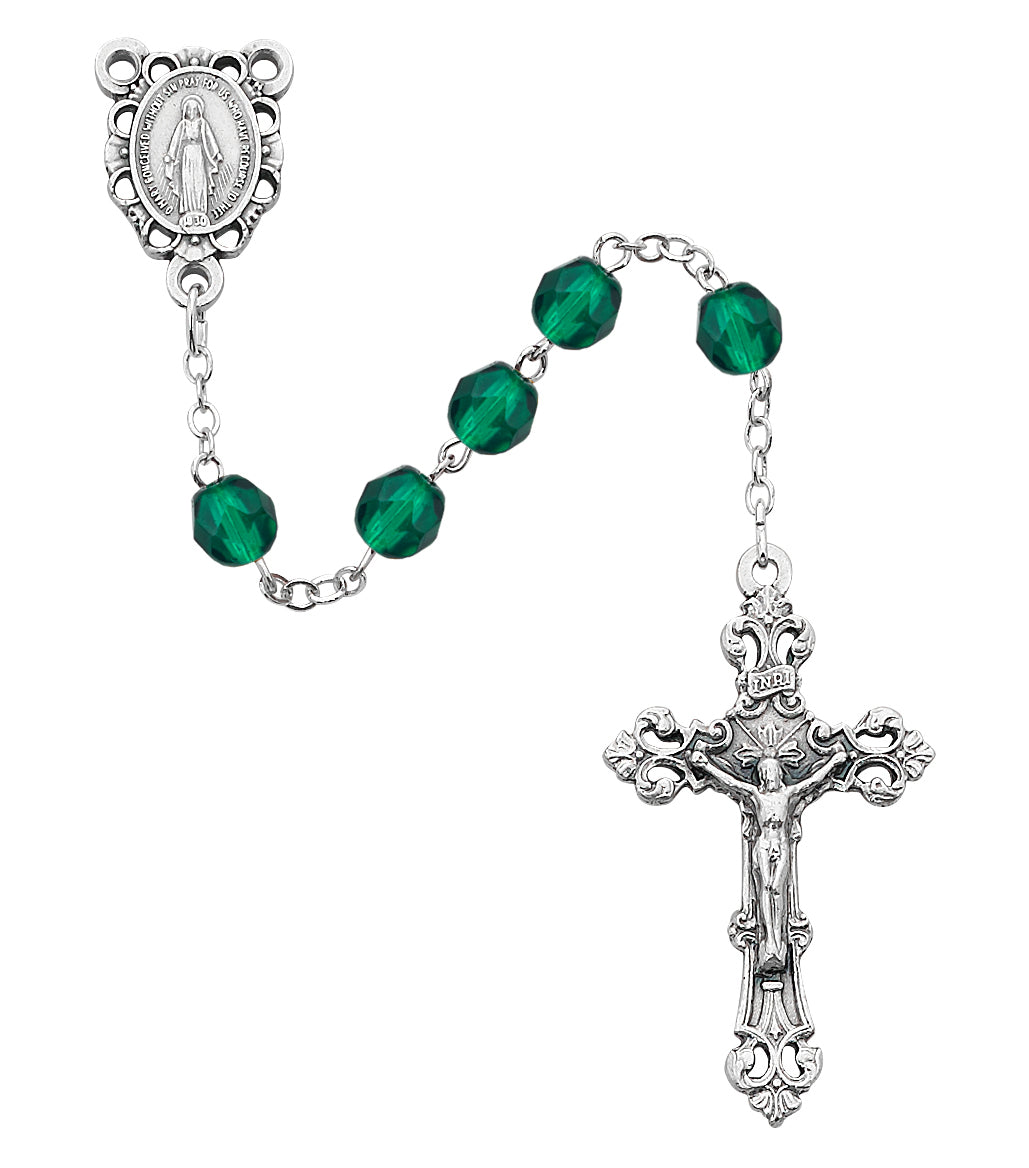 Dark Green Glass May Rosary Boxed