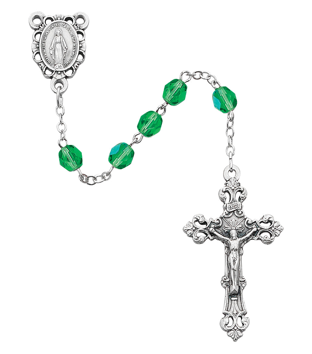Light Green Glass August Rosary Boxed